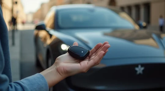 Photographie éditoriale d'une main tenant une clé de voiture moderne devant un véhicule garé, avec un arrière-plan flou et espace négatif lumineux