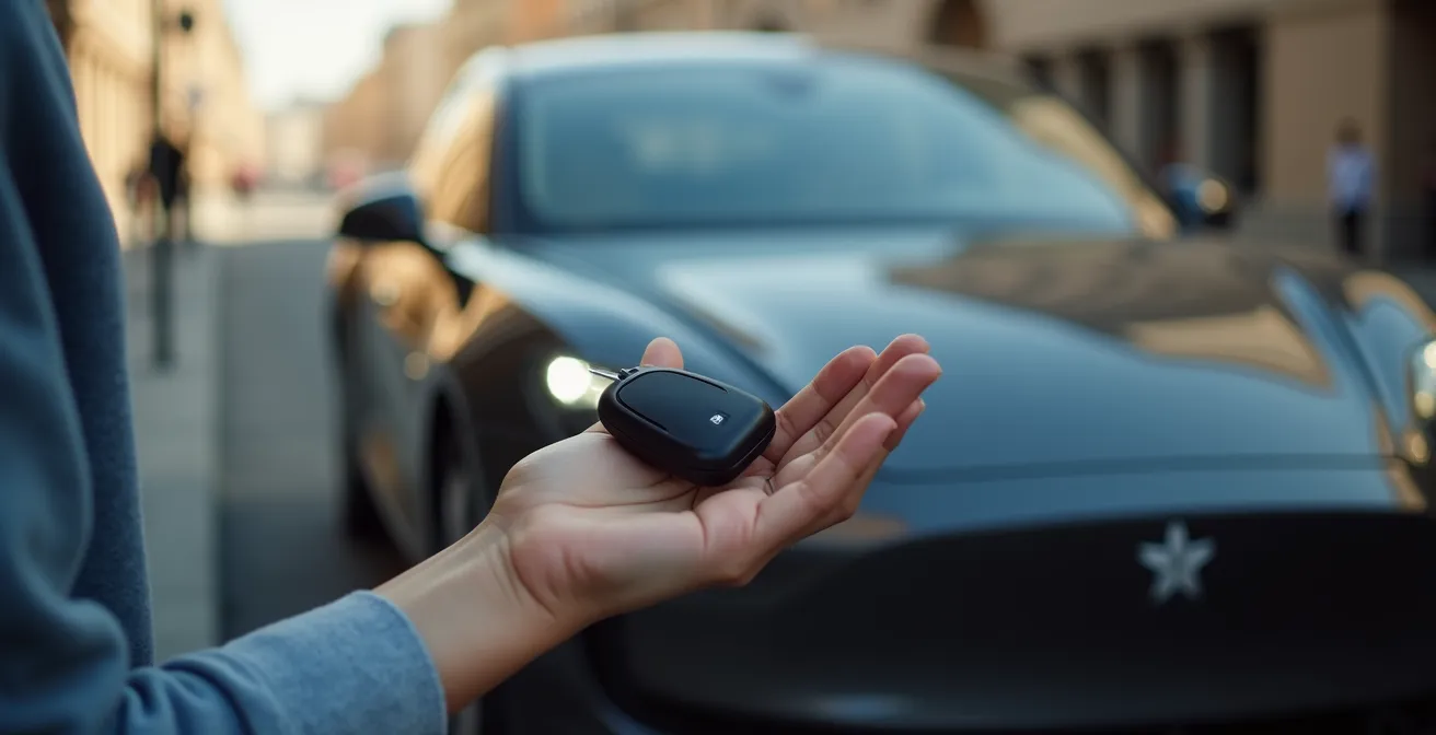 Photographie éditoriale d'une main tenant une clé de voiture moderne devant un véhicule garé, avec un arrière-plan flou et espace négatif lumineux