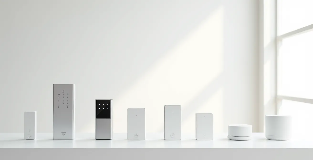 Différents dispositifs électroniques déconnectés sur une table minimaliste