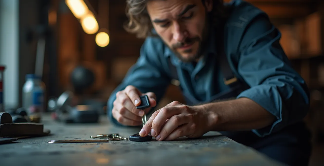 Portrait d'un serrurier automobile concentré au travail, tenant une clé, vue rapprochée mains et visage